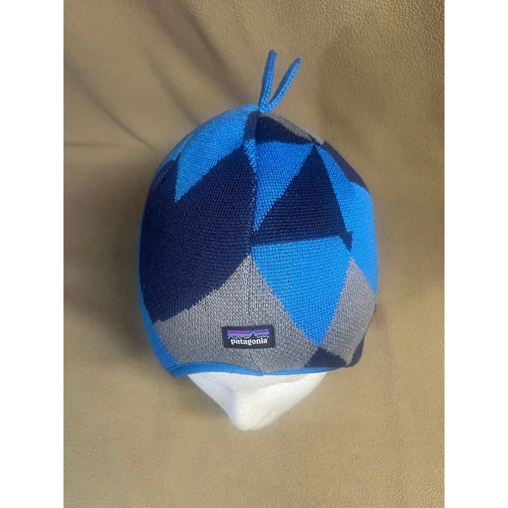 Patagonia‎ Kids Blue Geometric Knit Fleece Lined Earflap Beanie Hat